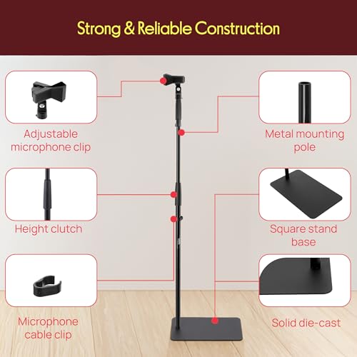Pyle Square Base Microphone Stand with Mic Clip - Heavy Duty, Height Adjustable, 36.2" to 63.38'', Solid Die-Cast Base, Studio & Concert Use, Universal 5/8'' Adapter, Cable Clip Included - style: Glossy black finish