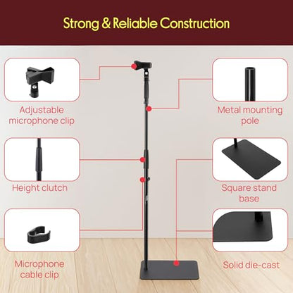 Pyle Square Base Microphone Stand with Mic Clip - Heavy Duty, Height Adjustable, 36.2" to 63.38'', Solid Die-Cast Base, Studio & Concert Use, Universal 5/8'' Adapter, Cable Clip Included - style: Glossy black finish