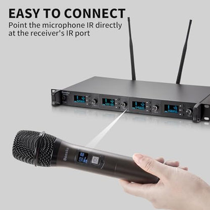 Wireless Microphone System, 4-Channel UHF Wireless Mic, Fixed Frequency Metal Cordless Mic with 4 Handheld Dynamic Microphones, 200ft Range, Mics for Singing, Church (4 Handheld) - size: 4 Handheld