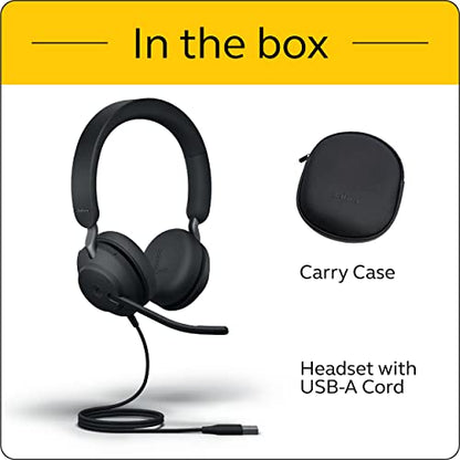 Jabra Evolve2 40 MS Wired Headphones, USB-A, Stereo, Black – Telework Headset for Calls and Music, Enhanced All-Day Comfort, Passive Noise Cancelling Headphones, MS-Optimized with USB-A Connection - size: Microsoft Teams, style: Stereo (USB-A)