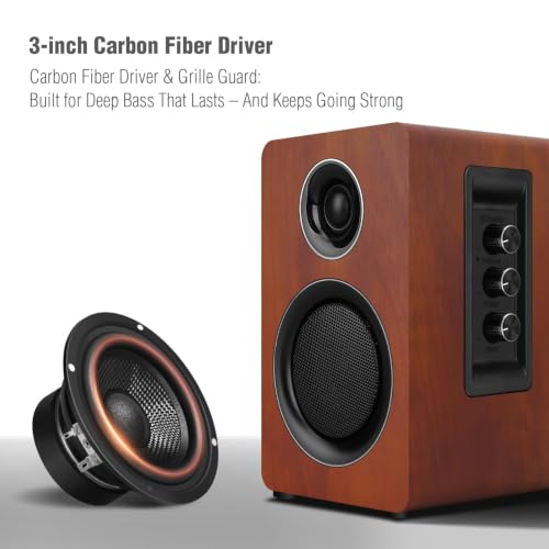Computer Speakers, Bluetooth 5.3, USB-C, AUX/RCA, 3-Inch Woofer, Brown | A 3-inch carbon fiber woofer and 1-inch silk dome tweeter in wood cabinets. For PCs, turntables, TVs, gaming and music. - color: Brown