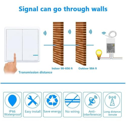 Thinkbee Wireless Lights Switch Kit, 2 Gang Wall Switch with Mini Receiver - size: 2 button switch+2 receiver