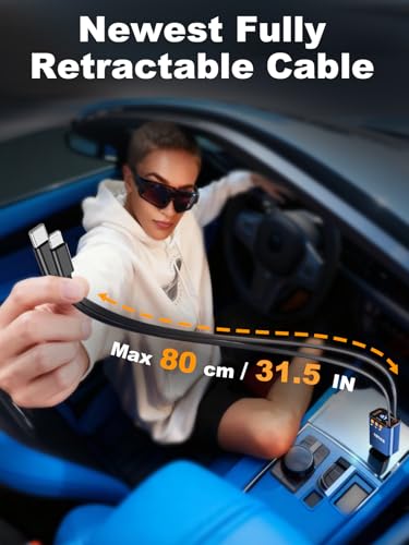 Bluetooth Car Adapter with Retractable Charger,[Upgrade] Bluetooth 5.4 FM Transmitter for Cars, 4 in 1 Fast Car Charger 69W, Handsfree Call, 2*Retractable Cable for iPhone 17/16/15/14, Galaxy-Blue - color: Blue