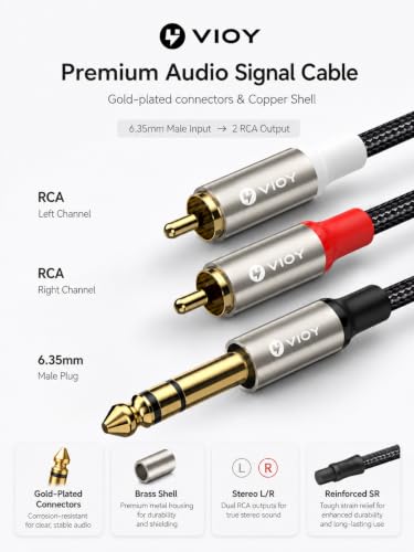 VIOY 1/4 to RCA Cable 6FT, 6.35mm TRS Male to Dual RCA Male Y-Splitter | Copper shell, dual shielding lossless Hi-Fi sound,braided bidirectional transmission for amplifier, mixer, home theater - color: Champagne gold, size: 6FT