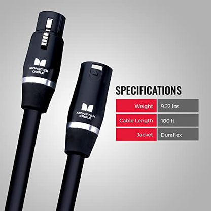 Monster Cable Prolink Studio Pro 2000 XLR Microphone Cable, 100 Foot Balanced Mic Cable, Gold XLR Male to Female Connectors, Multi-Gauge Wire Network Studio Cable