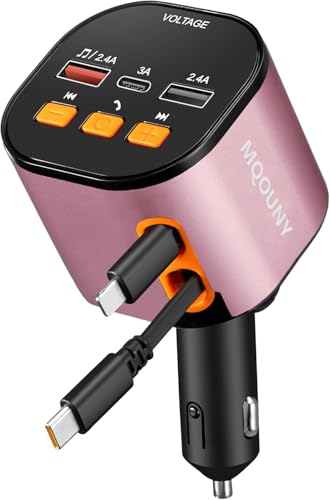 Retractable Car Charger,5 in 1 Fast Car Phone Charger 90W,Bluetooth 5.3 FM Transmitter Adapter,Handsfree Call,2 Retractable Cables and USB Cars Chargers for iPhone 17/16/15/14/13/Galaxy/Pixel - color: Pink