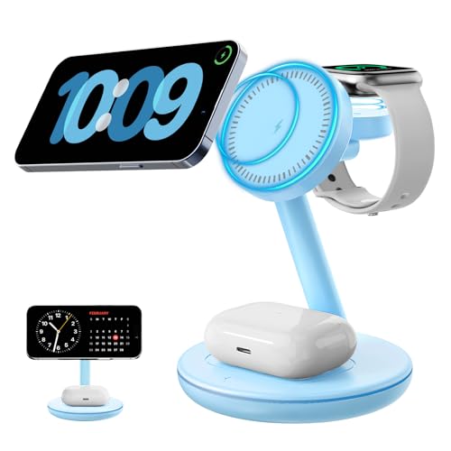2026 3 in 1 Charging Station for Apple iPhone AirPods Watch with Mag-Safe Charger Wireless Charger Stand for iPhone 17 16 15 14 13 12 Series AirPods iWatch Series - Gifts for Wife & Husband(Blue) - color: Blue