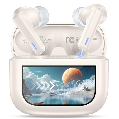 Wireless Earbuds Bluetooth Headphones, ANC/ENC Noise Cancelling, Ear Buds with Multifuntional Touch Screen, 40H Stereo Sound for Sports, IPX7 Clear Calls, 5 EQ for iOS Android - Beige
