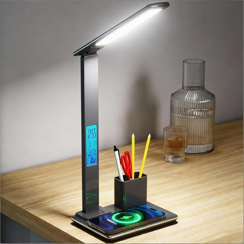 IHAO 7in1 Smart Desk Lamp with Wireless Charger & Digital Clock | 15W Fast Charging for Phone & Earbuds, Time/Date/Temp Display, Alarm, 3 Light Modes, USB Port, Detachable Pen Brush Pot-HYT1771 Black - color: Table Lamp with Brush Pot HYT1771 Black