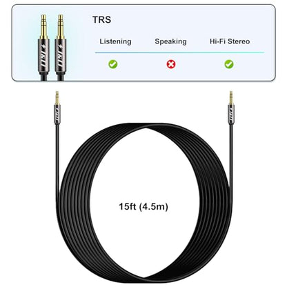 J&D AUX Cord, 3.5mm Male to Male Auxiliary Audio Cable, Gold Plated [Copper Shell] [Heavy Duty] 1/8" TRS Male to Male Stereo Audio Cable Compatible for Headphone, Car, Tablets, Speakers (15 Feet) - size: 15 Feet