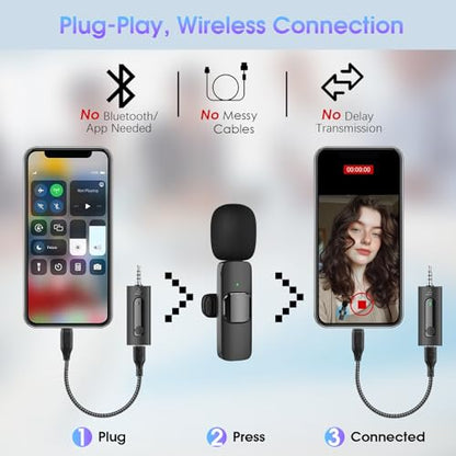 MAYBESTA 4 in1 Wireless Lavalier Microphone for iPhone Android Phone - Mini Lapel Video Mic for PC Camera Recording - Bluetooth Clip on Microphones for YouTube Tiktok Podcast Vlogging Streaming
