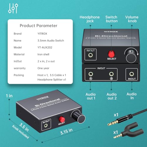 3.5mm Audio Switch, 2 in 2 Out Stereo Audio Switcher Suitable for PC/Laptop/Speakers/Headhphone and More