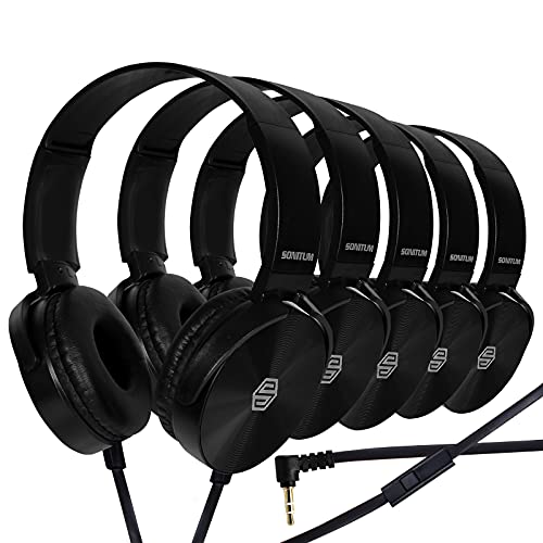 Sonitum Premium Classroom Headphone & Mic Set 3.5mm Jack Stereo Sound Earphones with Microphone & Soft Swivel On Ear Pads- Perfect for E-Learning, Meetings, Calls - Bulk Pack of 5 (Black) - color: 5 pack Black, size: 5 Pack