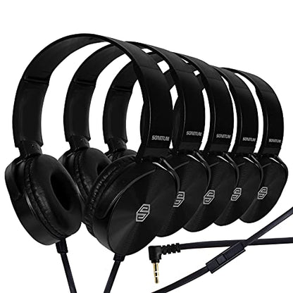 Sonitum Premium Classroom Headphone & Mic Set 3.5mm Jack Stereo Sound Earphones with Microphone & Soft Swivel On Ear Pads- Perfect for E-Learning, Meetings, Calls - Bulk Pack of 5 (Black) - color: 5 pack Black, size: 5 Pack