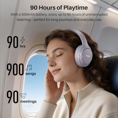 TOZO HT3 Hybrid Noise Cancelling Wireless Headphones, 90H Over Ear Headset | Hi Res Audio, AI Voice Assistant, Dual Device Connection, 32 Custom EQs, Built In 5 Mics, ANC, Foldable, Bluetooth 6.0 - color: Light Purple