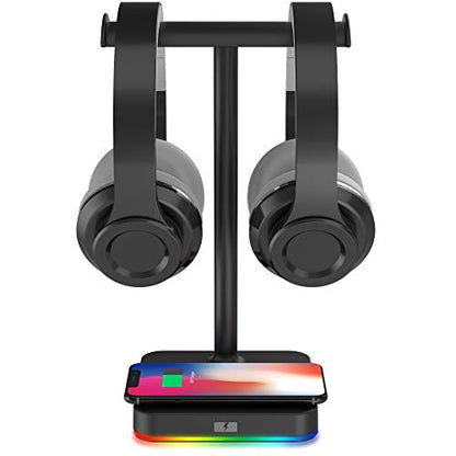 KAFRI RGB Dual Headphone Stand with Wireless Charger Desk Gaming Double Headset Holder Hanger Rack with 10W/7.5W QI Charging Pad - Suitable for Gamer Desktop Table Game Earphone - color: 3.Black-Dual