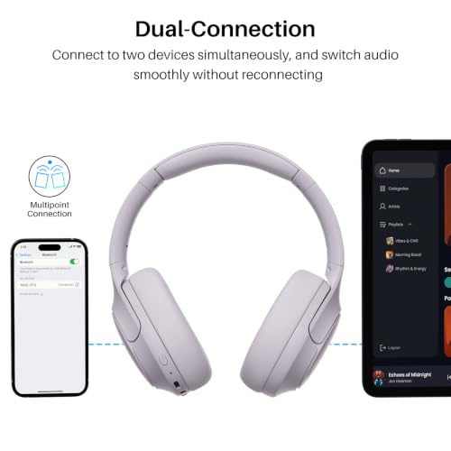 TOZO HT3 Hybrid Noise Cancelling Wireless Headphones, 90H Over Ear Headset | Hi Res Audio, AI Voice Assistant, Dual Device Connection, 32 Custom EQs, Built In 5 Mics, ANC, Foldable, Bluetooth 6.0 - color: Light Purple