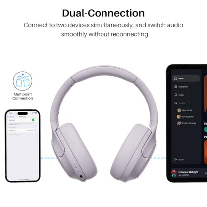 TOZO HT3 Hybrid Noise Cancelling Wireless Headphones, 90H Over Ear Headset | Hi Res Audio, AI Voice Assistant, Dual Device Connection, 32 Custom EQs, Built In 5 Mics, ANC, Foldable, Bluetooth 6.0 - color: Light Purple