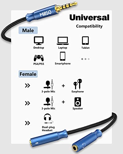 Headphone Mic Splitter 3.5mm Headset Adapter TRRS Male to 2 TRS Female [Nylon Braid & Young Series] Mic & Audio Y Splitter Cable for Gaming Headset to PC, Xbox, Laptop, PS4, PS5 | Nylon Braid, Mic & Audio Stereo Y Splitter Cable for Dual-plug Game Headset