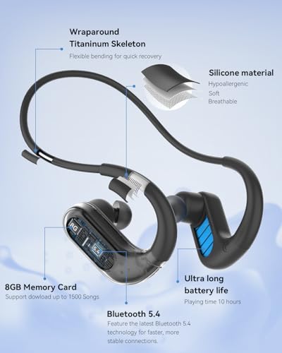 SANOTO Swimming Headphones, in Ear Bone Conduction Headphones Bluetooth 5.4, IPX8 Waterproof Earbuds Sport, 8G MP3 Player Swimming Earphones, Underwater Headphones for Swim, Run, Surf, Cycle - color: Black