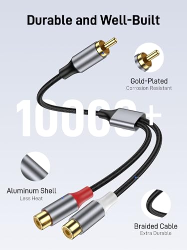 RCA Splitter 1 Male to 2 Female Audio Cable, 24K Gold Plated Plug, RCA Y Splitter Audio Video Cable Split Adapter for Amplifiers, Gaming Consoles, CD Player, Hi-Fi Systems, HDTV. - size: 1 Pack