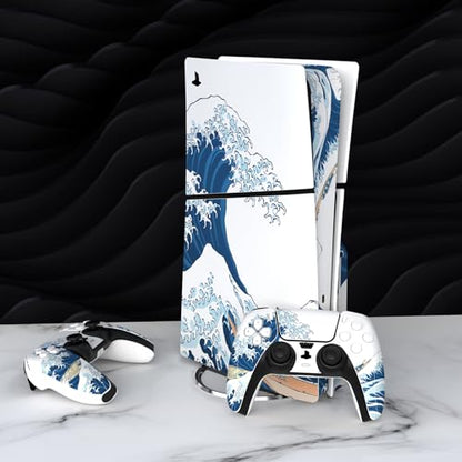 PlayVital Full Set Skin Sticker for ps5 Slim Console Disc Edition (The New Smaller Design), Vinyl Skin Decal Cover for ps5 Controller & Headset & Charging Station - The Great Wave Off Kanagawa - color: The Great Wave off Kanagawa