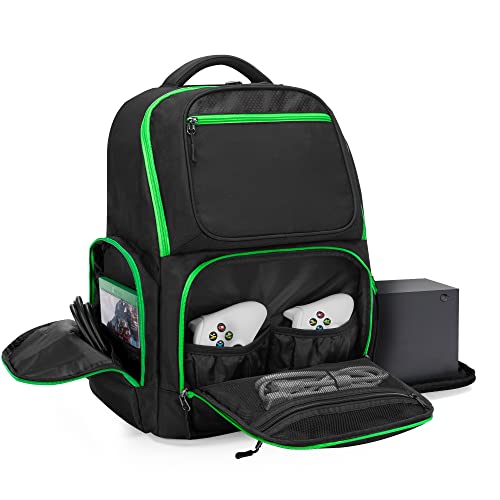 Trunab Backpack Compatible with Xbox Series X/S, Carry Case with Divider | Game Storage Bag Fits 15.6" Laptop, Controller & Cables, Padded Pockets for Gaming Accessories - color: Green Zip