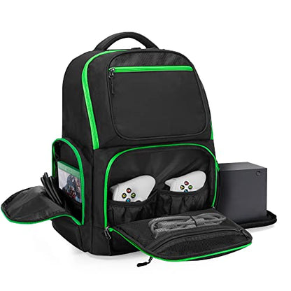 Trunab Backpack Compatible with Xbox Series X/S, Carry Case with Divider | Game Storage Bag Fits 15.6" Laptop, Controller & Cables, Padded Pockets for Gaming Accessories - color: Green Zip