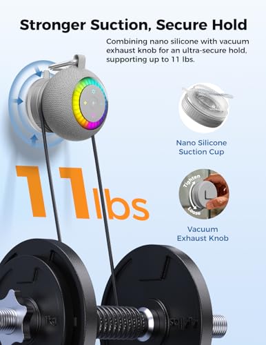 Bluetooth Shower Speaker IPX7 Waterproof: Removable Suction Cup, Grey | 360° Surround Sound, Vacuum-Lock, RGB Light, Portable Wireless Speaker for Beach, Pool, Kayak, Gifts for Adults Teens