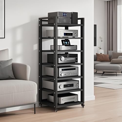 7 Tier Av Media Stand With Wheels, 55in Adjustable Audio Rack - color: Black