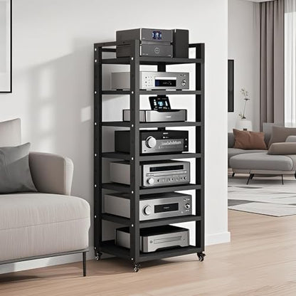 7 Tier Av Media Stand With Wheels, 55in Adjustable Audio Rack - color: Black