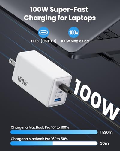 150W USB C Charger Block,GaN III Compact Foldable Wall Charger 3 Port Fast Charging Station,PD QC PPS Portable USB C Hub 100W Laptop Adapter for MacBook Pro/Air,iPad,iPhone 16/Pro,Galaxy S24,Dell etc - color: White
