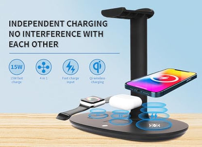 4 in 1 Headphone Stand with 15w Charger, Qi Charging Station Headset Holder, Detachable Design, Headphone Stand for Travel, Home, Hotel