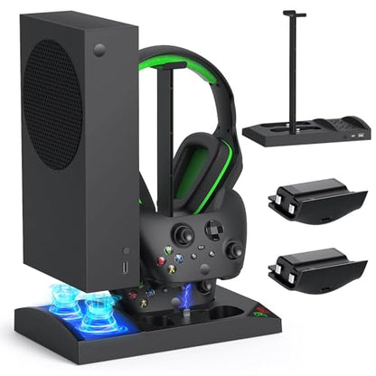 Cooling Fan with Charging Stand for Xbox Series S Console and Controller | Dual Charger Dock Accessories with 2 x 1400mAh Rechargeable Battery and Cover, Headphone Mount for Xbox Series S, Black - color: Black