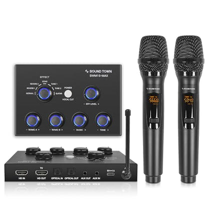Sound Town 16 Channels Wireless Microphone Karaoke Mixer System w/ 2 Wireless Mics, HD ARC, Optical (Toslink), AUX, Supports Smart TV, Media Box, PC, Bluetooth, Soundbar, Receiver (SWM15-MAX) - color: Black