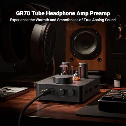Fosi Audio GR70 Tube Headphone Amp Preamp, Authentic Tube-Amplification with Vacuum 5654W*2 & 6AC7*2, Mini HiFi Preamplifier for Home Audio, 3.5mm & 6.35mm Jacks Supporting 16-300 ohms Impedance