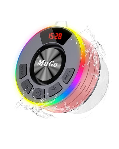 MuGo Shower Bluetooth Speaker Waterproof IPX7, 360° HD Stereo Sound Bathroom Speaker Bluetooth 5.3 with RGB Lights, Suction Cup and Microphone, Mini Shower Radio for Home/Party/Outdoor - color: Pink