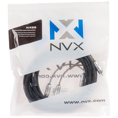 NVX® XIX25 16.4 ft (5 Meter) Oxygen Free Copper 2-Channel Double Twisted Pair X-Series Car Audio RCA Audio Interconnect Cable with Shielded Noise Reduction and Split-tip Silver-Plated Machined Ends | Oxygen Free Copper Double Twisted Pair with Shielded No