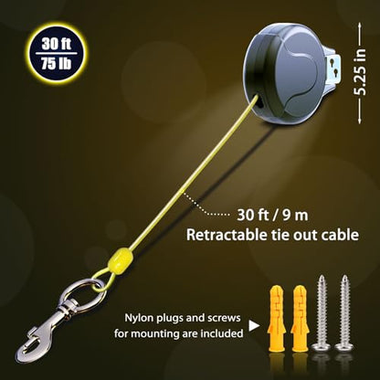 30FT Wall Mount Retractable Dog Tie Out Cable - 180° Swivel & 360° Tangle-Free Design, Perfect for Yard, Picnics & Camping Heavy Duty Steel Cable for Small to Large Dogs (TP-001)