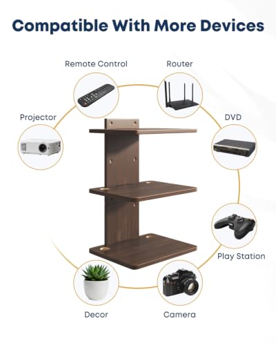 Floating TV Projector Shelf Wall Mount - 3 Tier Wooden Shelf, Walnut Brown | Home Decor, Cable Management, DVD Player, Router, Game Console, Cable Box, Play Station, Holds Up to 22lbs per Shelf - size: 3-Tier Shelf