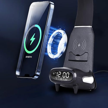 IHAO Multi Functional Smart Eye-Care Desk Lamp Wireless Charger & Digital Alarm Clock Gesture Control Adjustable Light 15W Fast Charging Hidden Phone Stand, Date Timer Display Wake-Up Light-TX79 Black - color: Table Lamp TX79 Black