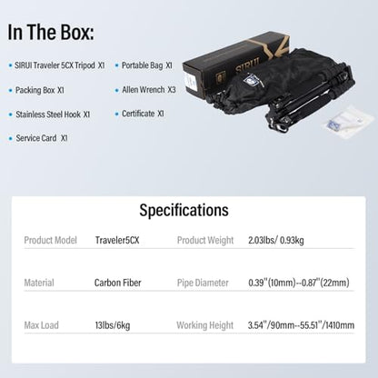 SIRUI Lightweight Carbon Fiber Travel Tripod, 52" Compact Camera Tripod with 360°Ball Head Kit, Detachable Center Column, Max Load 13.23lbs/6kg, Traveler 5CX - style: Carbon Fiber Tripod