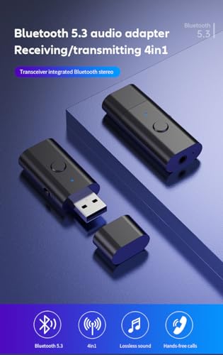 Bluetooth 5.3 Transmitter/Receiver, 3.5 mm Auxiliary Wireless USB Adapter | Low latency, built-in microphone, hands-free calling, no drivers required—suitable for TVs, computers and speakers