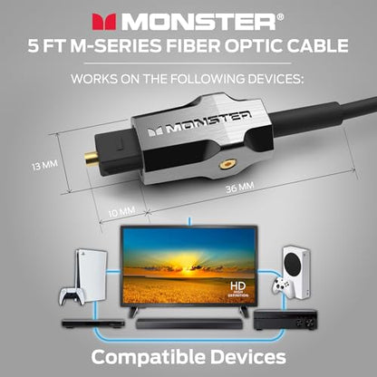 Monster M-Series 1000 Fiber Optic Toslink Cable, Optical Digital Audio Cable for Sound Bar and Home Theater System, Gold-Plated Connectors, 5 ft - size: 5 Feet