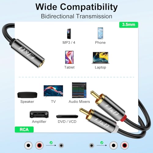 J&D 3.5mm to RCA Adapter Cable, Gold Plated 3.5mm Female to 2 RCA Male Stereo Audio Y Cable for Record Player, Speakers, Home Theater, Smartphone, MP3, 18 Feet - size: 18 Feet