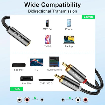 J&D 3.5mm to RCA Adapter Cable, Gold Plated 3.5mm Female to 2 RCA Male Stereo Audio Y Cable for Record Player, Speakers, Home Theater, Smartphone, MP3, 25 Feet - size: 25 Feet