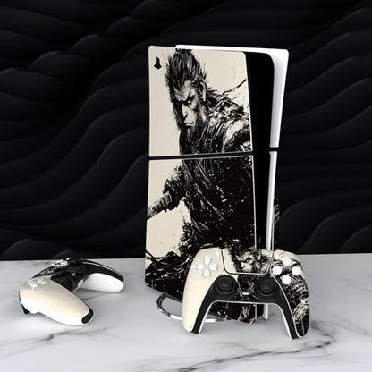 PlayVital Full Set Skin Sticker for ps5 Slim Console Disc Edition (The New Smaller Design), Vinyl Skin Decal Cover for ps5 Controller & Headset & Charging Station - Inkblade Wukong - color: Inkblade Wukong