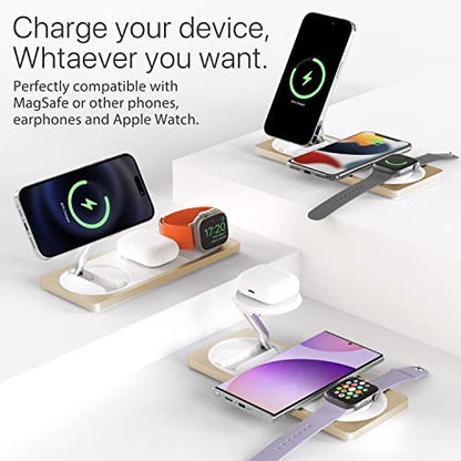 3-in-1 Charging Station for Apple Devices: Used for iPhone and Watch Charging Station with Magsafe Charger Stand, Wireless Charger for iPhone15/14/13/12, Apple Watch 1-9/Ultra, AirPods 3 Pro - color: Light gold