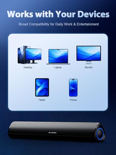 Bluedee Computer Speakers for Desktop PC, Rechargeable Computer Sound Bar | Bluetooth 5.3 & 3.5mm AUX, Clear Balanced Sound, Compact PC Soundbar for Desktop, Laptop, Monitor & Gaming Setup