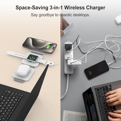 3 in 1 Wireless Charging Station,Foldable Magnetic Wireless Charger for Apple Devices,Travel Charging Pad for iPhone 17 16 15 14 13, Watch & AirPods,Fast Charging Station for Home Office Travel(White) - color: White